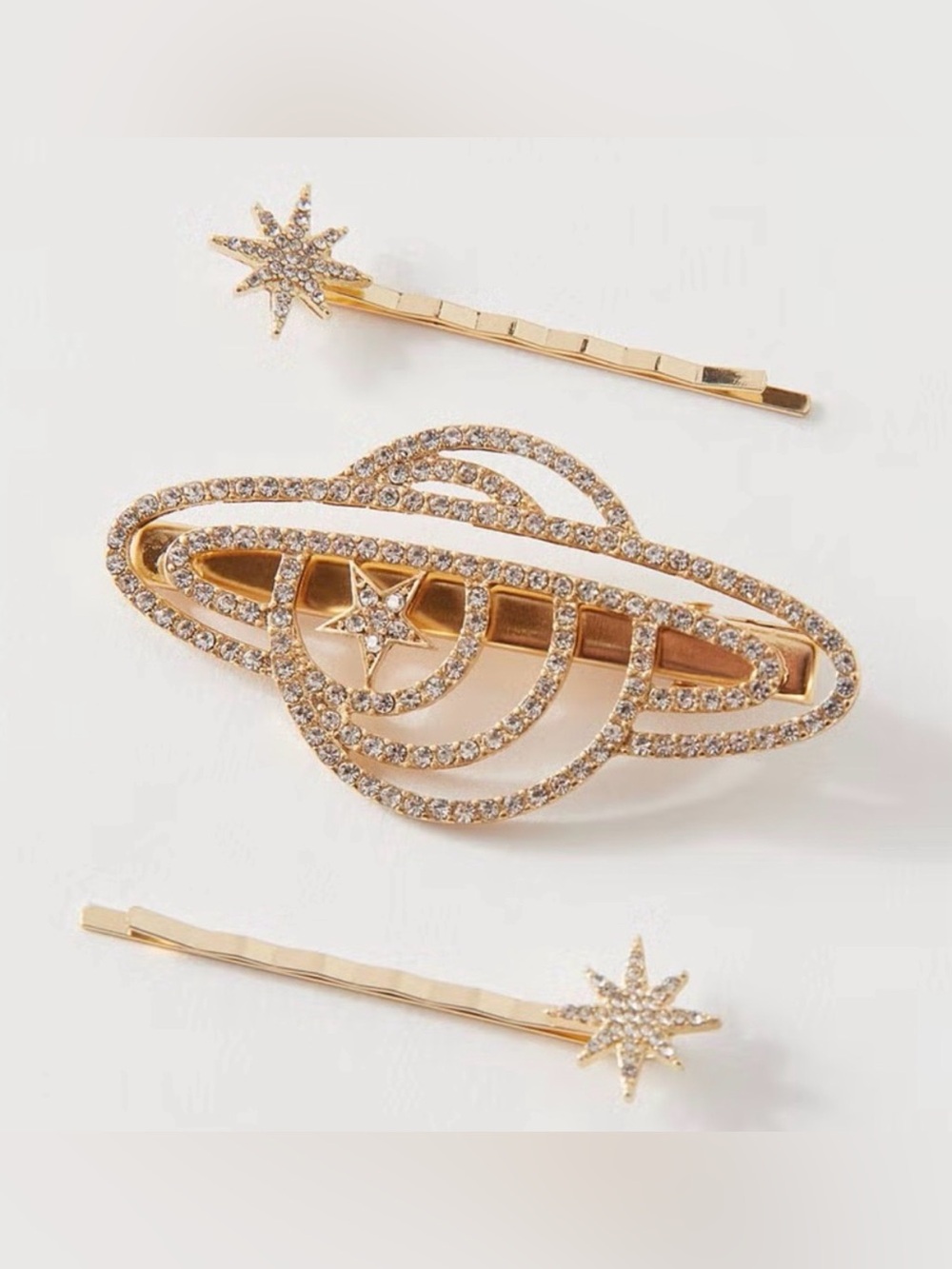 Urban Outfitters Gold Crystal Rhinestone Sparkly Planet Hair Clip Set